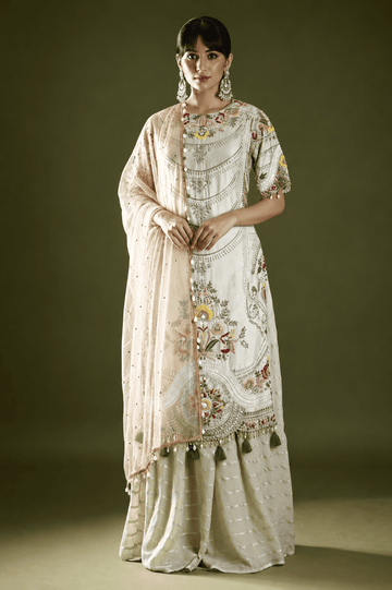 Cream Resham Embroidered Silk Sharara Suit with Jewel Neck