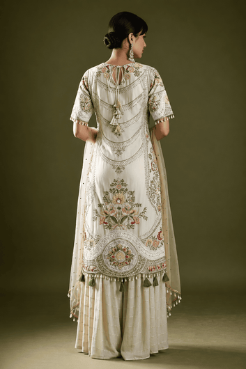 Cream Resham Embroidered Silk Sharara Suit with Jewel Neck