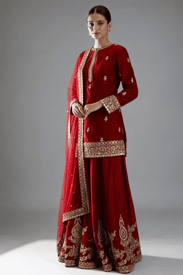 Red Sequins Embroidered Silk Sharara Suit with Slit Neck