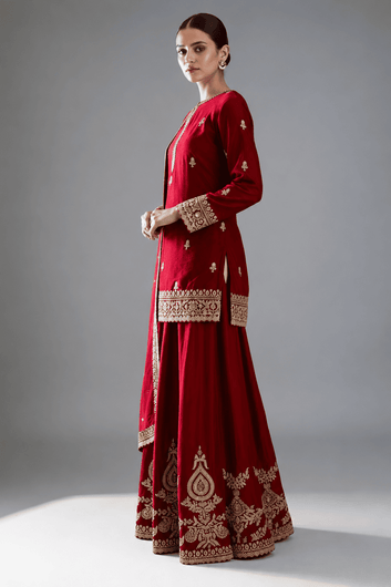 Red Sequins Embroidered Silk Sharara Suit with Slit Neck