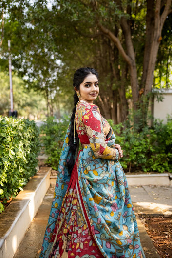 Fully Stitched Red kalamkari lehenga set un-stitched