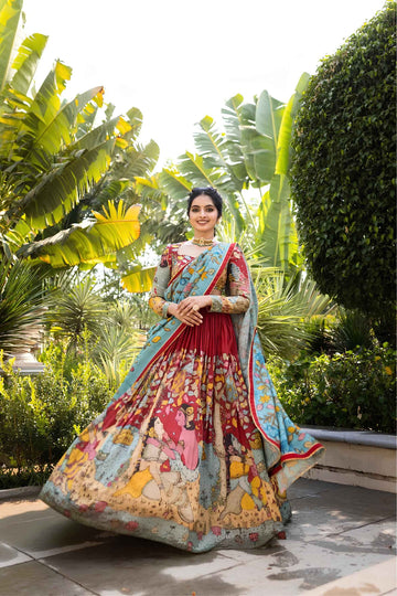 Fully Stitched Red kalamkari lehenga set un-stitched