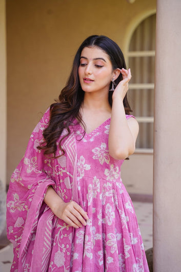 Ruhirika Pink Cotton Anarkali Suit Set