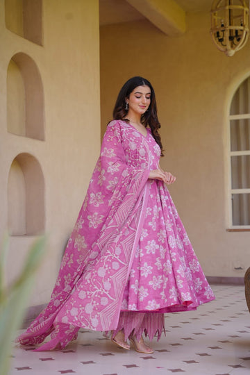 Ruhirika Pink Cotton Anarkali Suit Set