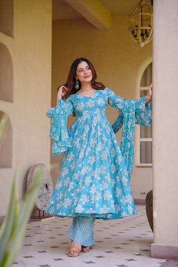 Geervani Blue Cotton Anarkali Suit Set