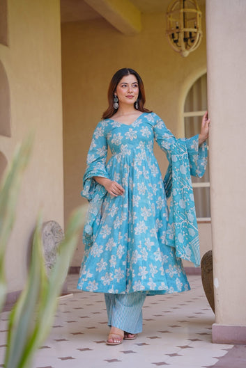 Geervani Blue Cotton Anarkali Suit Set