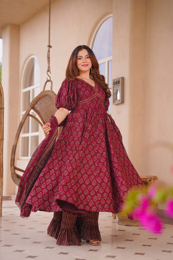 Elaf Maroon Cotton Anarkali Suit Set