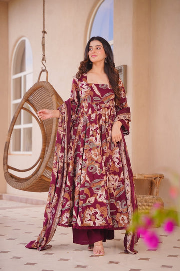 Invika Maroon Cotton Anarkali Suit Set