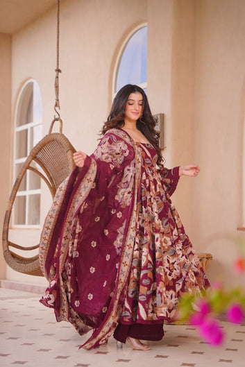 Invika Maroon Cotton Anarkali Suit Set