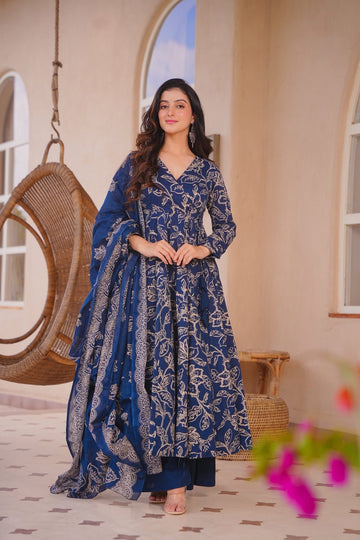 Soumika Blue Cotton Anarkali Suit Set