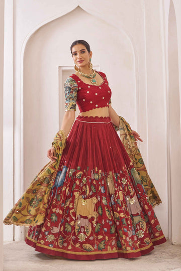 Red Kalamkari lehenga choli Un-stitched