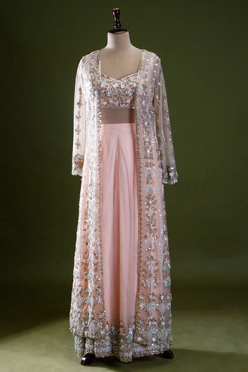 Baby Pink Organza Palazzo Suit with Embroidered Net Jacket