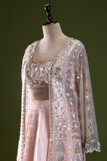 Baby Pink Organza Palazzo Suit with Embroidered Net Jacket
